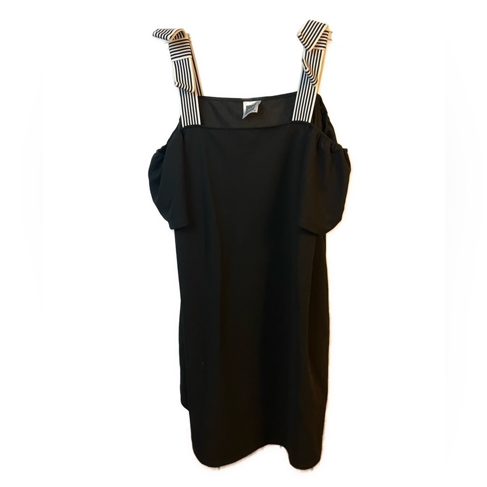 Nom‎ Maternity Cold Shoulder Striped Bow Strap Black Mini Swing Dress- Size M